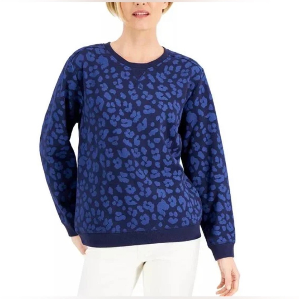 Karen Scott Petite Large Navy Blue Animal Print Fleece Sweatshirt
